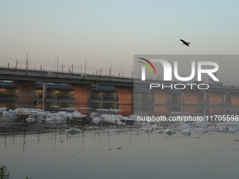 Toxic frothing is seen in the Yamuna River at Kalindi Kunj in New Delhi, India, on October 25, 2024. (