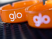 Glo logo is seen on ashtrays in Krakow, Poland on October 25, 2024. (