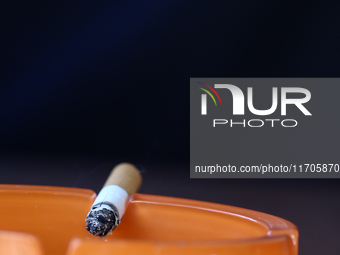 A cigarette is seen in ashtray in Krakow, Poland on October 25, 2024. (