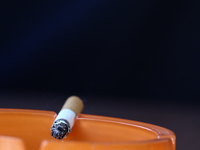 A cigarette is seen in ashtray in Krakow, Poland on October 25, 2024. (