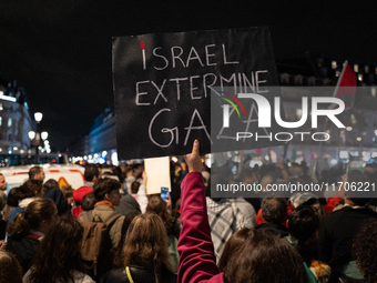 A protester holds a sign reading ''Israel extermine in Gaza'' during a demonstration in support of Palestinian and Lebanese people as intens...