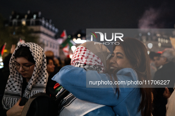 Rima Hassan attends a demonstration in support of Palestinian and Lebanese people as intense Israeli attacks occur in Gaza and Lebanon, in P...