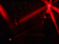 Members of the American-Austrian electro Goth Pop band Aesthetic Perfection perform on stage as part of the Fall Goth Tour 2024 at the San R...