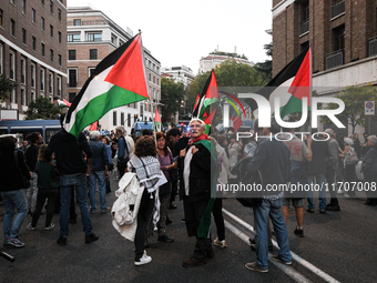 Citizens and activists gather to participate in a rally to support Palestinians in front of the US embassy in Rome, Italy, on October 25, 20...