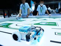 Participants prepare before the Qingdao International RoboCup 2024 in Qingdao, China, on October 26, 2024. (