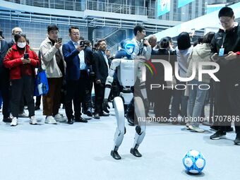 A robot plays soccer at the 2024 Asia Pacific Robot World Cup Qingdao International Invitational in Qingdao, China, on October 26, 2024. (