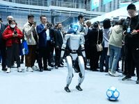 A robot plays soccer at the 2024 Asia Pacific Robot World Cup Qingdao International Invitational in Qingdao, China, on October 26, 2024. (