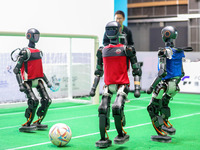 A robot plays in a soccer match at the Qingdao International Invitational Tournament of the 2024 Asia-Pacific RoboCup in Qingdao, China, on...