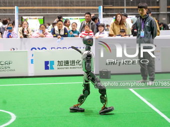 A robot performs a gait demonstration during the Qingdao International Robotics World Cup 2024 in Qingdao, China, on October 26, 2024. (