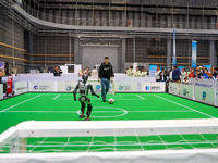 A robot plays with a ball during the Qingdao International Tournament of the 2024 Asia-Pacific RoboCup in Qingdao, China, on October 26, 202...