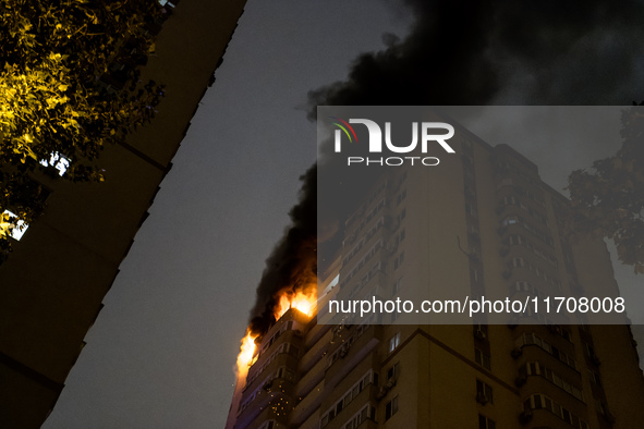 A Russian drone hits a residential high-rise in Kyiv, Ukraine, on October 25, 2024. A 14-year-old girl is killed, and at least 6 people are...