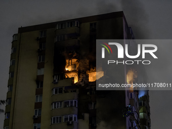 A Russian drone hits a residential high-rise in Kyiv, Ukraine, on October 25, 2024. A 14-year-old girl is killed, and at least 6 people are...