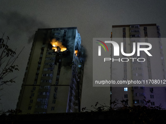 A Russian drone hits a residential high-rise in Kyiv, Ukraine, on October 25, 2024. A 14-year-old girl is killed, and at least 6 people are...