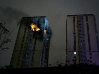 A Russian drone hits a residential high-rise in Kyiv, Ukraine, on October 25, 2024. A 14-year-old girl is killed, and at least 6 people are...