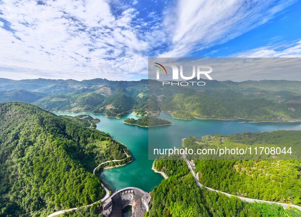 An aerial photo shows the scenery of Mingyue Lake in Chongqing, China, on October 25, 2024. 