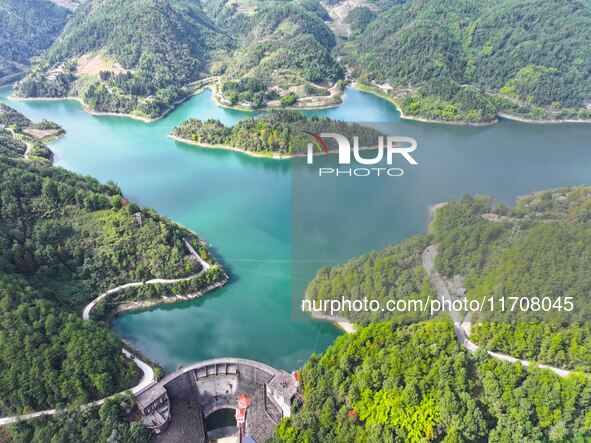 An aerial photo shows the scenery of Mingyue Lake in Chongqing, China, on October 25, 2024. 