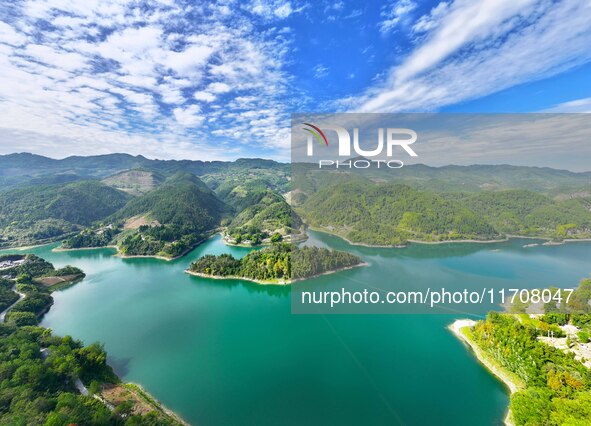 An aerial photo shows the scenery of Mingyue Lake in Chongqing, China, on October 25, 2024. 