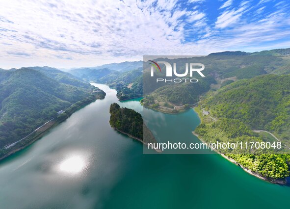 An aerial photo shows the scenery of Mingyue Lake in Chongqing, China, on October 25, 2024. 