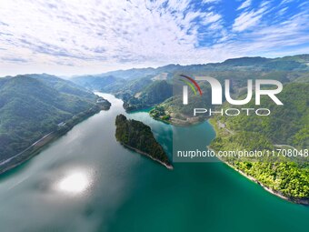 An aerial photo shows the scenery of Mingyue Lake in Chongqing, China, on October 25, 2024. (