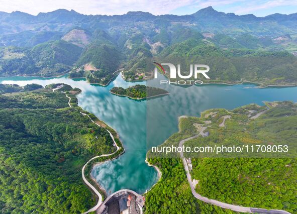 An aerial photo shows the scenery of Mingyue Lake in Chongqing, China, on October 25, 2024. 