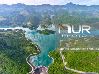 An aerial photo shows the scenery of Mingyue Lake in Chongqing, China, on October 25, 2024. (