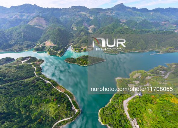 An aerial photo shows the scenery of Mingyue Lake in Chongqing, China, on October 25, 2024. 