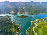 An aerial photo shows the scenery of Mingyue Lake in Chongqing, China, on October 25, 2024. (