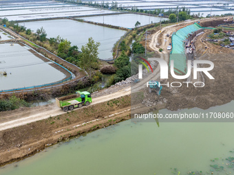 Workers work on the Hongze Lake water conservancy project in Suqian, Jiangsu province, China, on October 26, 2024. (