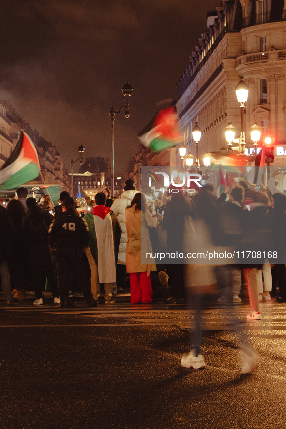 Pro-Palestinian protestors gather in Place de l'Opera in Paris, France, on October 25, 2024, in support of the population of Gaza. 