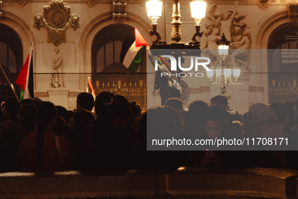 Pro-Palestinian protesters gather in Place de l'Opera in Paris, France, on October 25, 2024, as people show support for the population of Pa...