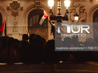 Pro-Palestinian protesters gather in Place de l'Opera in Paris, France, on October 25, 2024, as people show support for the population of Pa...