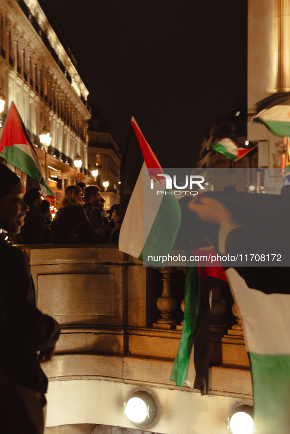 Pro-Palestinian protesters gather in Place de l'Opera in Paris, France, on October 25, 2024, as people show support for the population of Pa...