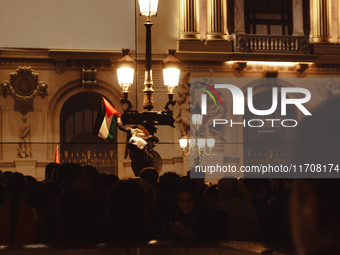 Pro-Palestinian protesters gather in Place de l'Opera in Paris, France, on October 25, 2024, as people show support for the population of Pa...