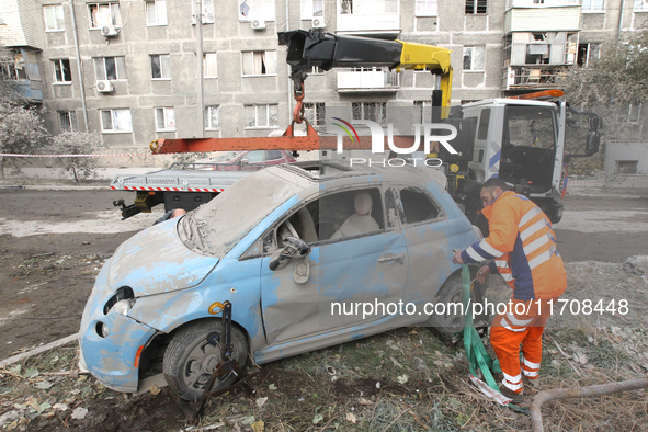 A car is damaged by an overnight Russian attack in the Novokadatskyi district of Dnipro, Ukraine, on October 25, 2024. NO USE RUSSIA. NO USE...