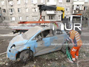 A car is damaged by an overnight Russian attack in the Novokadatskyi district of Dnipro, Ukraine, on October 25, 2024. NO USE RUSSIA. NO USE...