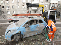 A car is damaged by an overnight Russian attack in the Novokadatskyi district of Dnipro, Ukraine, on October 25, 2024. NO USE RUSSIA. NO USE...