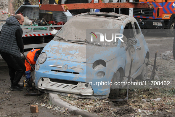 A car is damaged by an overnight Russian attack in the Novokadatskyi district of Dnipro, Ukraine, on October 25, 2024. NO USE RUSSIA. NO USE...