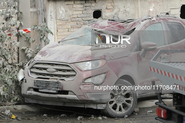 A car is damaged by an overnight Russian attack in the Novokadatskyi district of Dnipro, Ukraine, on October 25, 2024. NO USE RUSSIA. NO USE...