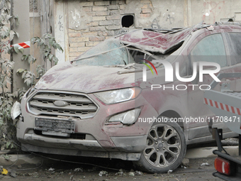 A car is damaged by an overnight Russian attack in the Novokadatskyi district of Dnipro, Ukraine, on October 25, 2024. NO USE RUSSIA. NO USE...