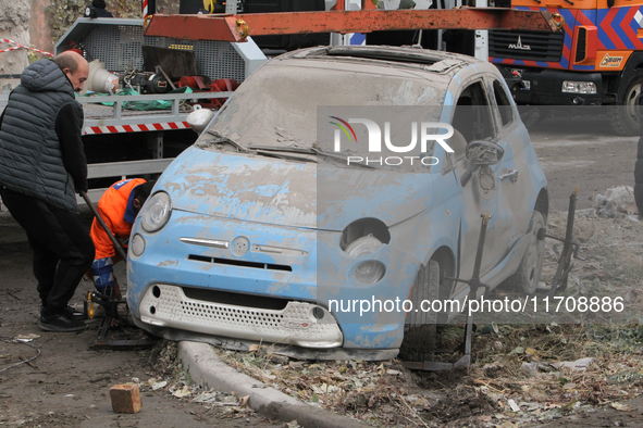 A car is damaged by an overnight Russian attack in the Novokadatskyi district of Dnipro, Ukraine, on October 26, 2024. NO USE RUSSIA. NO USE...