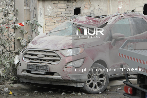 A car is damaged by an overnight Russian attack in the Novokadatskyi district of Dnipro, Ukraine, on October 26, 2024. NO USE RUSSIA. NO USE...