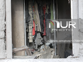 A wardrobe is inside a residential building damaged by an overnight Russian attack in the Novokadatskyi district of Dnipro, Ukraine, on Octo...