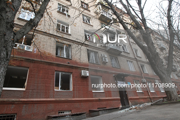 Windows in an apartment building are knocked out by a Russian strike on the city center in Dnipro, Ukraine, on October 26, 2024. 