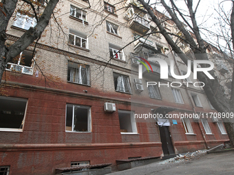 Windows in an apartment building are knocked out by a Russian strike on the city center in Dnipro, Ukraine, on October 26, 2024. (