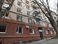 Windows in an apartment building are knocked out by a Russian strike on the city center in Dnipro, Ukraine, on October 26, 2024. (