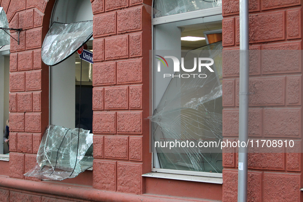 Shop windows knocked out by a Russian strike on the city center are seen in Dnipro, Ukraine, on October 26, 2024. 