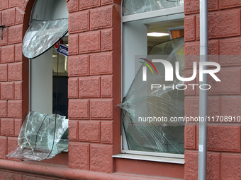 Shop windows knocked out by a Russian strike on the city center are seen in Dnipro, Ukraine, on October 26, 2024. (