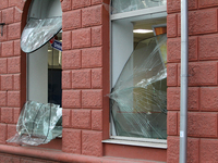 Shop windows knocked out by a Russian strike on the city center are seen in Dnipro, Ukraine, on October 26, 2024. (