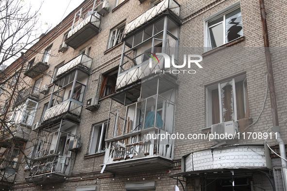 Windows in an apartment building are knocked out by a Russian strike on the city center in Dnipro, Ukraine, on October 26, 2024. 