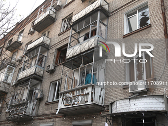 Windows in an apartment building are knocked out by a Russian strike on the city center in Dnipro, Ukraine, on October 26, 2024. (